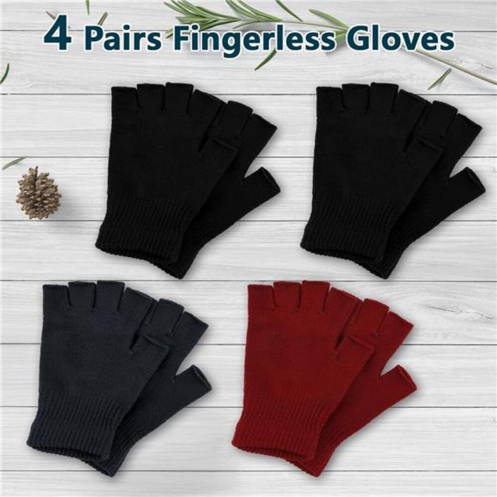 4 Pairs Fingerless Gloves for Women Men, Winter Knitted Half Finger - Picture 7 of 7